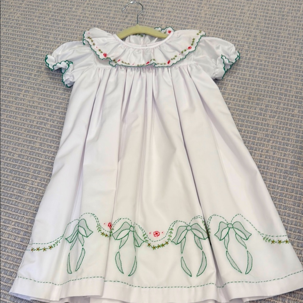 White and Green Embroidered Kids Dress